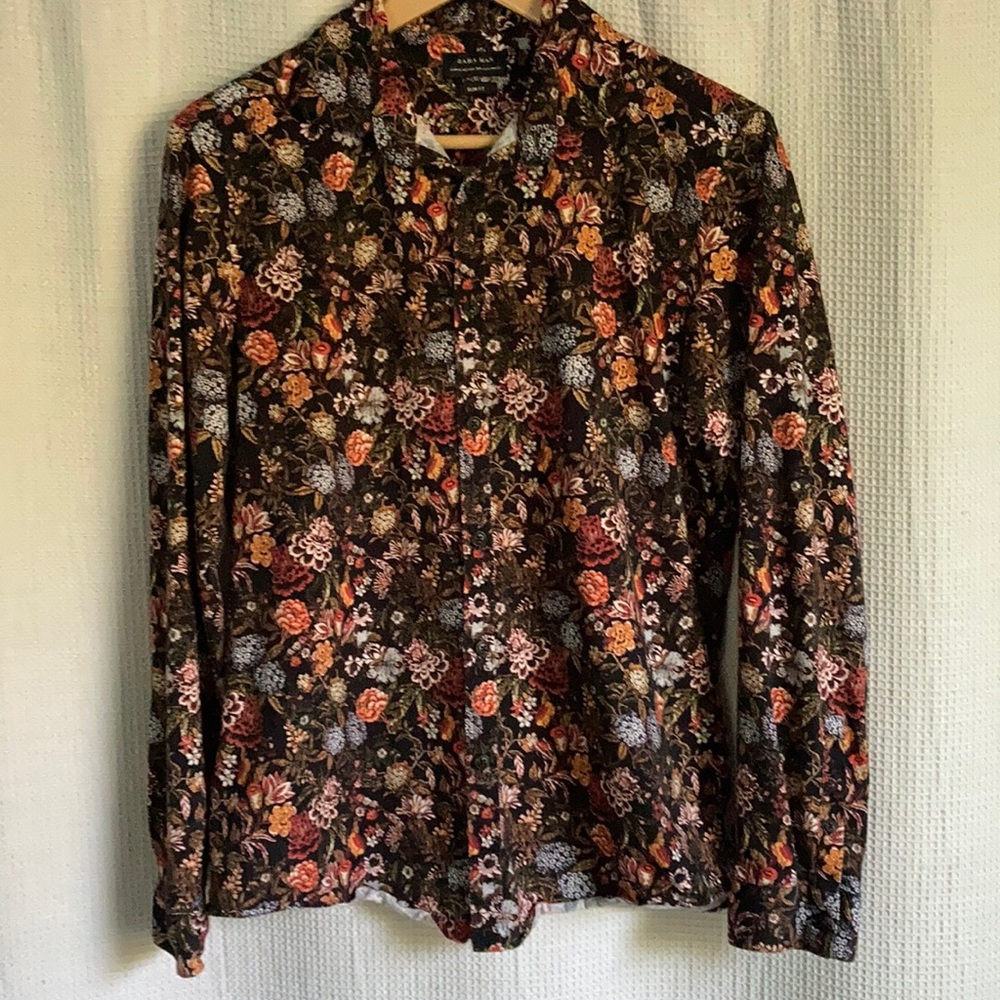 Zara Man floral button up shirt black burgundy